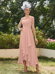 A-line princess transparent collar half sleeve long strap with decal mother of the bride dress