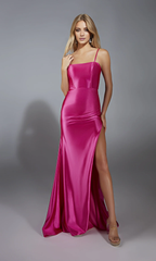 Jimiss square neck thin shoulder strap with exposed back side slit and floor length evening dress