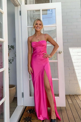 Jimiss thin shoulder strap pleated slit evening dress