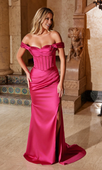 Jimiss off shoulder pleated backless side slit and floor length evening dress