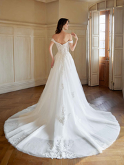 Elegant off shoulder A-line ultra long lace wedding dress