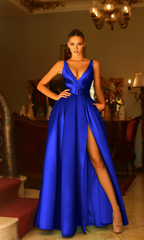 Jimiss A-line deep V-neck off shoulder side slit and floor length evening dress