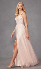 A-line V-neck lace embroidery and floor length Prom dress