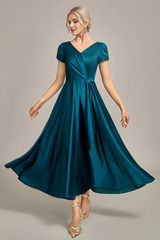 Peacock Green V-neck A-line pleated satin bridal mother gown