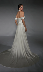 Perfect satin off shoulder straight tube backless slit trailing skirt wedding dress