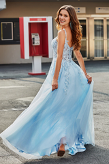 Light blue A-line thin shoulder strap decal tight corset evening dress