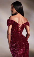 Off shoulder velvet sequins and floor length Prom dress