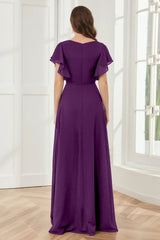V-neck ruffled sleeve chiffon slit and floor length bridesmaid dress