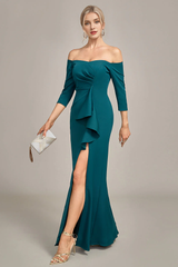 Fishtail pattern dark green off shoulder layered ruffle edge bridal mother dress