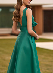A-line evening gown high slit dress formal makeup ball and floor length sleeveless V-neck belt/waistband ribbon bow slit 2025 gods evening dresses