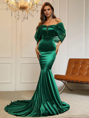 Mermaid off shoulder sleeveless satin and floor length formal dress