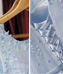 Light blue round neck lace tulle long prom dress blue evening dress