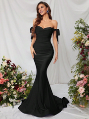 Mermaid off shoulder knot side fold front and floor length formal dresses