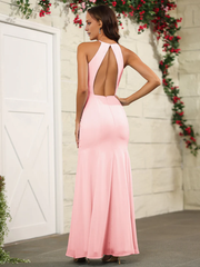 Simple neck hanging chiffon split and floor length bridesmaid dress