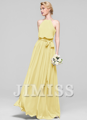 A-line low round neck bow floor mopping chiffon bridesmaid dress