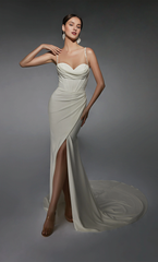 High neck straight tube backless tight corset with slit wedding dresses
