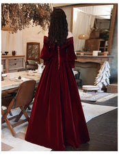 A-Line Princess Beaded Puffy Sleeves Long Formal Dress Velvet Party Dress Prom Dresses
