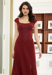 Square collar covered sleeves beaded lace decals on the body and floor length gowns evening dresses
