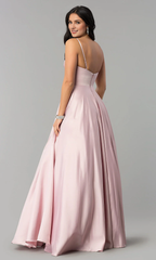 Pleated slim shoulder strap dress and floor length Prom dress
