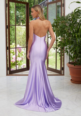 Mermaid halter neckline backless satin and floor length evening gown