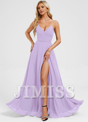 A-line V-neck pleated floor-length chiffon prom dress