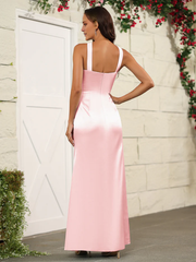 Elegant neck hanging sleeveless soft satin and floor length bridesmaid dress