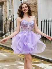 Glitter tight corset top with shimmering chiffon short Homecoming dress