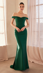 Jimiss off shoulder pleated satin backless and floor length evening dress