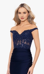 Off shoulder navy blue long bead embroidery slim side and floor length Prom dress
