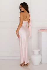 Jimiss One Shoulder Collar Satin Back Ruffle Long Prom Dress