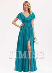 A-line V-neck floor-length chiffon bow tiered ruffle bridesmaid dress