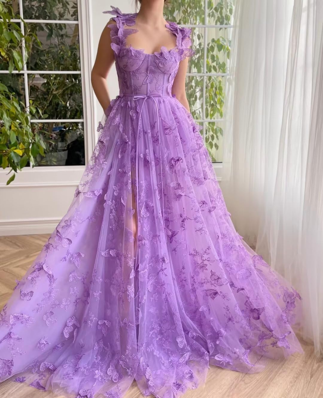 Long Tulle Prom Dress with 3D Butterflies Floor Length Formal Evening Party Gowns for Women Lace Applique