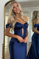Jimiss off shoulder pleated satin ball gown with high side slit and trailing evening gown