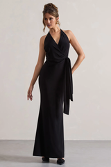 Hanging neck collar with pleats and a floor length evening dress - Jimiss Dress