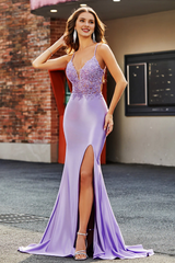 Light purple fish tail V-neck backless bead applique slit for evening dress