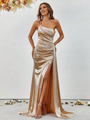 Mermaid asymmetrical neckline satin and floor length formal dresses