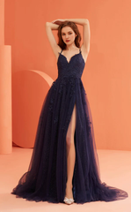 A-line deep V-neckline thin shoulder straps embroidered chiffon side slits and floor length Prom dress