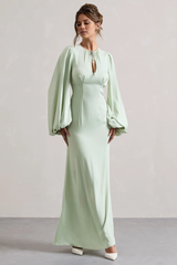 Bubble sleeve hollow round neck and floor length evening dress - Jimiss dress