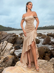 Off shoulder asymmetrical ruffle hem and floor length formal dress