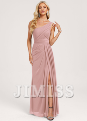 Ruffled A-line One Shoulder Floor Length Mesh Bridesmaid Dress