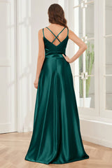 Thin shoulder strap V-neck soft satin and floor length bridesmaid dress