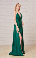 A-line V-neckline sleeveless tight corset and floor length gown evening dresses
