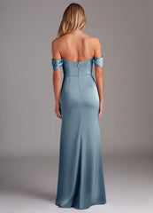 Off Shoulder Side Split Satin and Floor length Bridesmaid Dress - Jimiss Dress