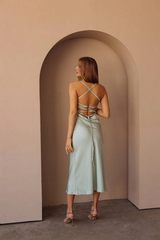 Jimiss hooded collar thin shoulder strap exposed back side slit long evening dress