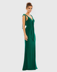 V-neck sleeveless bow-tie strap backless floor-length evening dress