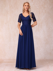 A-line/Princess V-neck short sleeved long formal mother of the bride dress