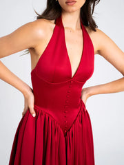 Red deep V-neck hanging backless long evening gowns