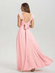V-neck shoulder strap tied chiffon slit and floor length bridesmaid dress