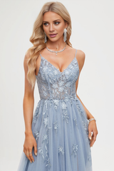 A-line V-neck thin shoulder strap and floor chiffon evening gown