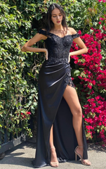 Black floral off shoulder and ground length gown evening dresses